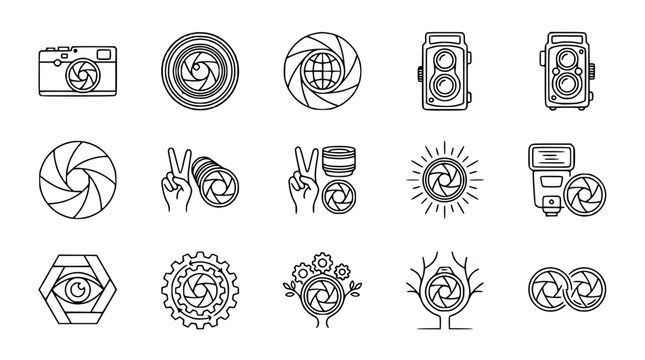 Photography Icons: Cameras, Lenses, Apertures, Flash, and Creative Concepts