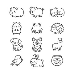 Fototapeta premium Cute Kawaii Domestic and Wild Animals Outline Doodle Sticker Pack Set