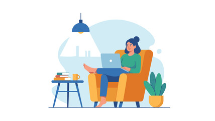 Fototapeta premium Focused woman sitting comfortably in a yellow armchair while working on her laptop under a lamp in a cozy home office setting.