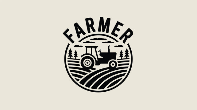 Minimalist black and white farmer logo featuring a tractor in a plowed field surrounded by pine trees and clouds in a circular frame.
