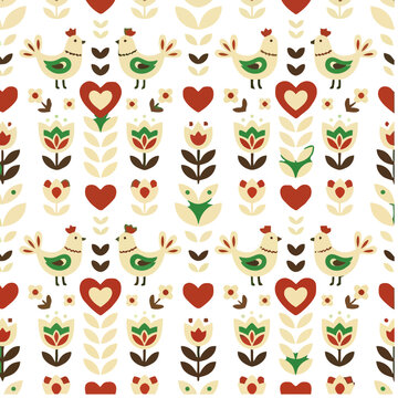Folk art pattern with chickens and flowers
