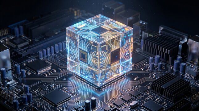Artificial intelligence microchip with glowing neural network and big data analytics, futuristic digital innovation concept for corporate technology presentations