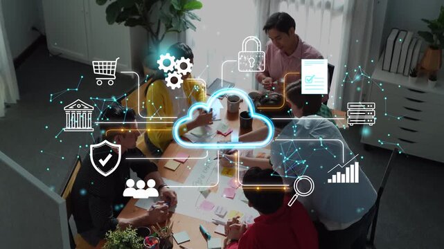 Collaborative Teamwork in a Modern Office with Cloud Technology and Digital Icons Representing Innovation and Connectivity in Business Environments. Entropy.