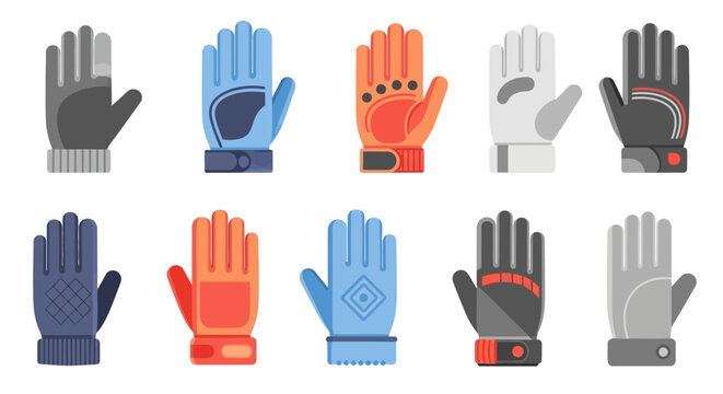 Collection of ten different winter gloves and mittens for cold weather protection.