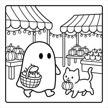 Cute ghost shopping at autumn market coloring page for kids, cartoon spooky character walking with cat holding pumpkin vector line art, Halloween street market outline illustration
