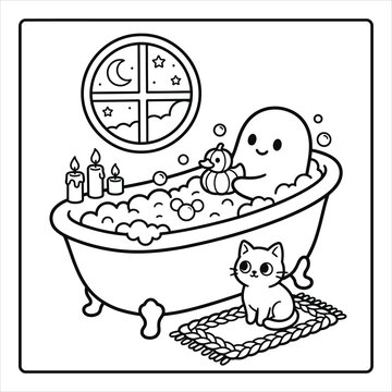 Cute ghost taking bubble bath coloring page for kids, cartoon spooky character with pumpkin toy and cat vector line art, cozy Halloween bathroom window outline illustration