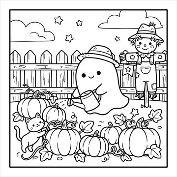 Happy Halloween ghost stuffing scarecrow coloring page for kids, cute cartoon spooky character and cat on farm vector line art, autumn pumpkin patch outline illustration