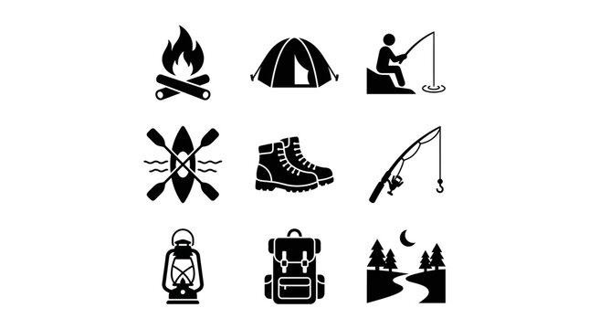 Camping gear and outdoor recreation icons.