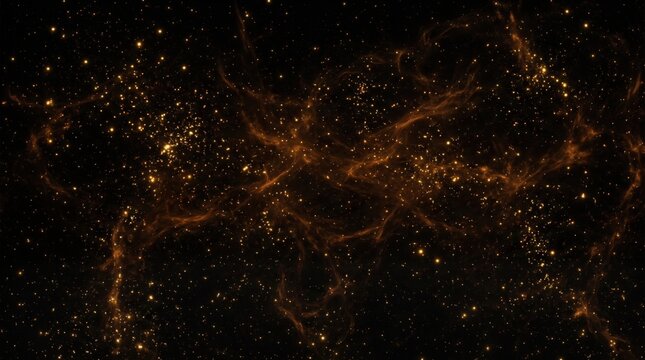 Golden particles and glowing dust clouds scattered across a deep black void background with swirling nebula like light streaks and bright bokeh spots of light