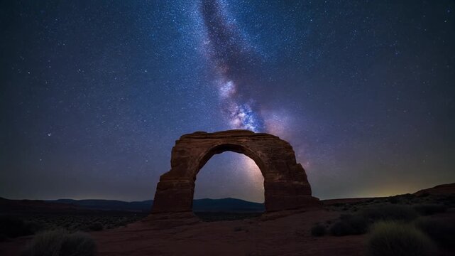 Milky Way galaxy moving behind aserrador arch in desert night sky