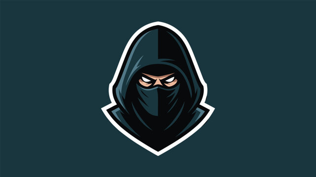Mysterious ninja or assassin mascot logo featuring a character wearing a dark hooded cloak and a face mask with glowing eyes for gaming.