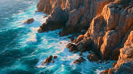 Fototapeta premium Aerial View of Coastal Cliffs with Crashing Turquoise Waves