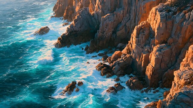 Aerial View of Coastal Cliffs with Crashing Turquoise Waves