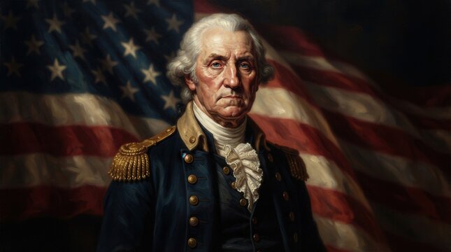 A classic portrait painting of George Washington in military uniform