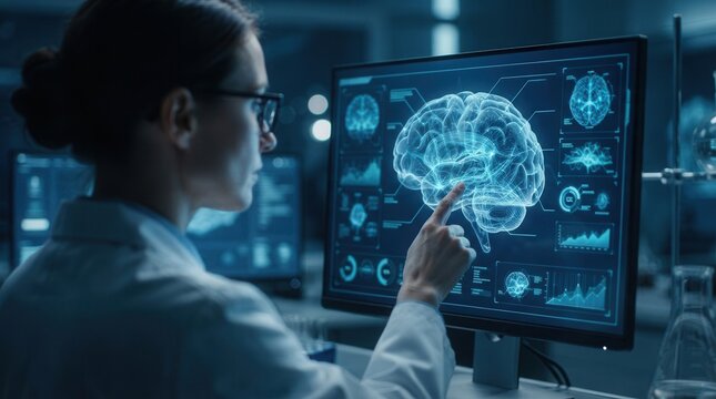 Advanced medical technology visualization of brain anatomy and data analysis.