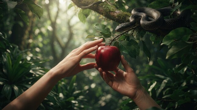 A serpent offers a red apple in a lush garden temptation scene.