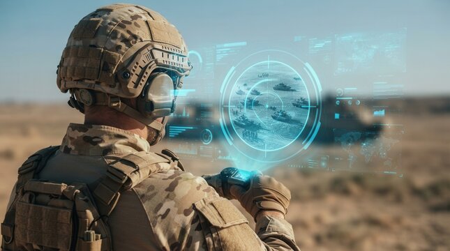 Advanced augmented reality interface showing military vehicle formations and strategy data for a soldier.