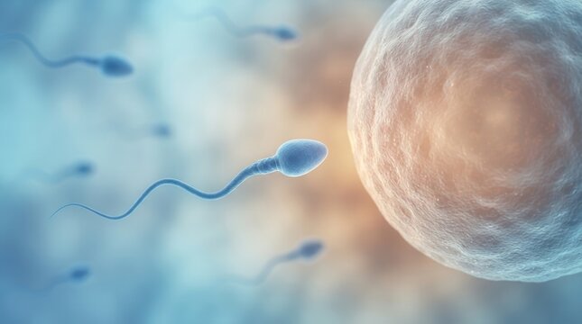 Sperm approaching an egg cell under a microscope representing conception and reproductive biology.