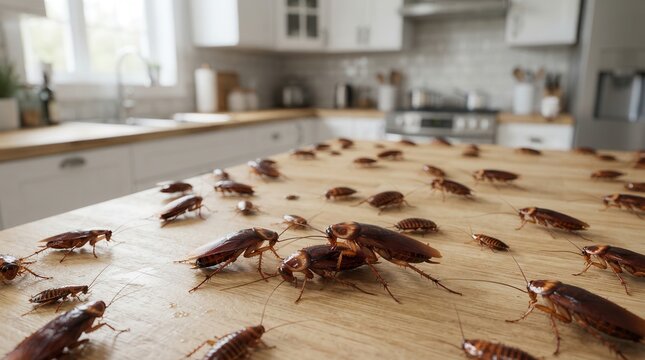 Infested kitchen countertop with many cockroaches illustrating a health hazard.