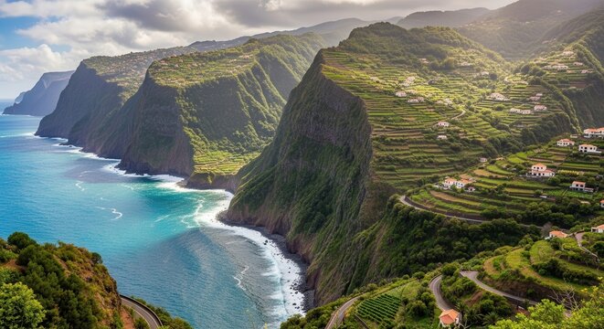 Dramatic Coastal Cliffs Overlooking Turquoise Ocean Waves.