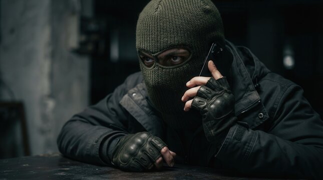 Telephone fraud and digital communication risks shown by a masked person using a smartphone.