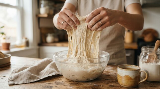 Close-up of the process of making fresh bread with hands kneading dough in a glass bowl.