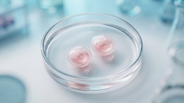 Microscopic view of fertilized egg cells in a petri dish laboratory setting.