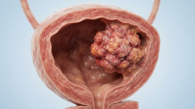 Medical anatomy concept showing bladder cancer and an internal tumor.