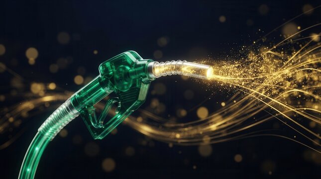 A fuel nozzle emitting energy flow particles and glowing lines symbolizing innovation in energy sources.