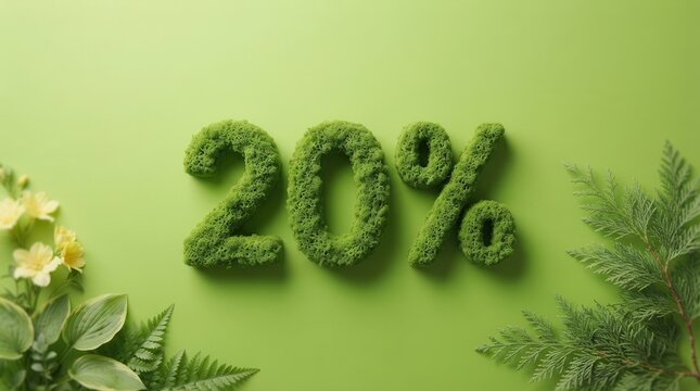 Eco-friendly promotional design featuring a green 20% symbol with fresh leaves and blossoms.