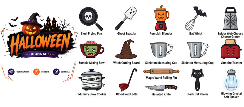 Set of 15 kitchen icons related to halloween, cooking - collection of skull pan, ghost spatula, pumpkin blender, bat whisk, spider grater, zombie bowl vector
