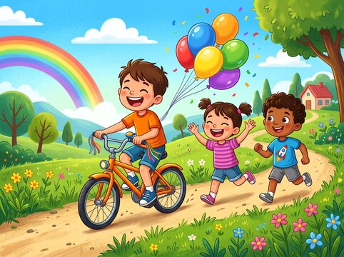 Happy children playing outside on a sunny day with balloons and a rainbow