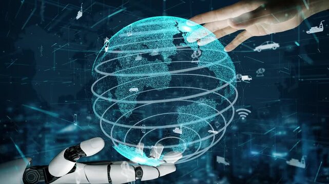 A futuristic robotic hand cradles a luminous digital globe, symbolizing the intricate relationship between technology, data, and global interconnectedness in urban life. Xenic