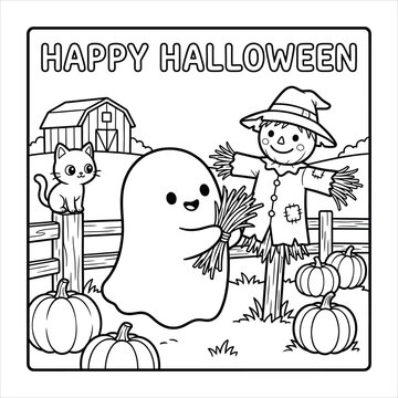 Happy Halloween ghost stuffing scarecrow coloring page for kids, cute cartoon spooky character and cat on farm vector line art, autumn pumpkin patch outline illustration