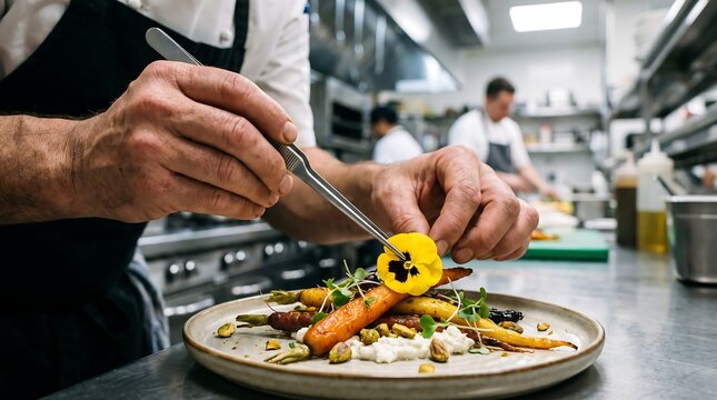 Close up of a professional male chef hands using tweezers to place an edible yellow flower garnish on a gourmet roasted carrot dish.