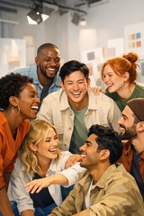 Fototapeta premium Diverse group of people laughing together in a bright, modern setting.