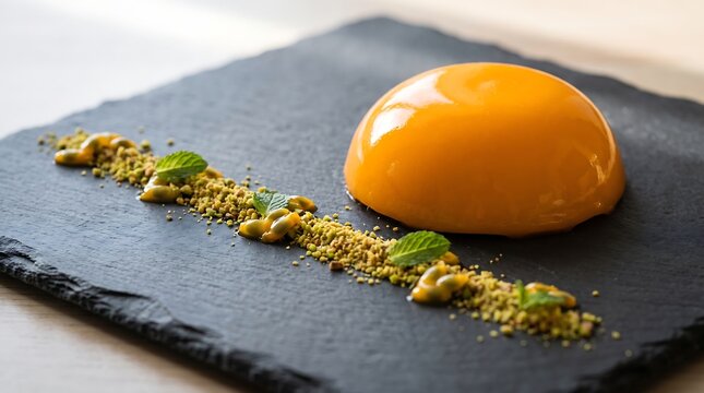 Exquisite mango panna cotta dessert served on a black stone slate plate with pistachio crumble.