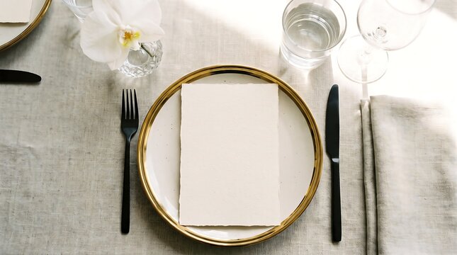 Elegant top view table setting with a white plate gold rim knife fork and blank menu card template.