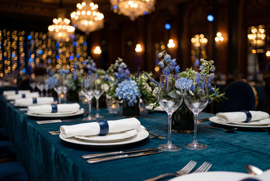 Elegant gala dinner table setting with teal tablecloth and blue floral arrangements