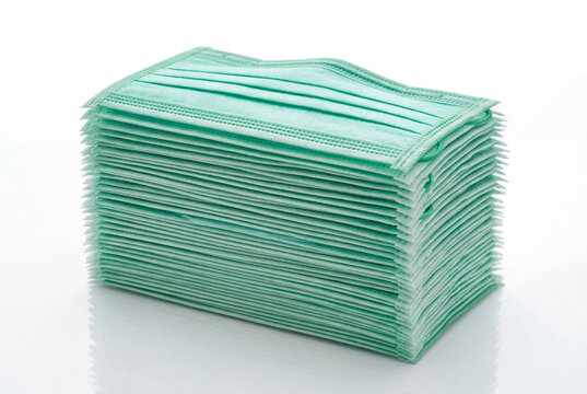 Stack of green surgical face masks on white surface
