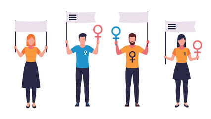 Fototapeta premium Diverse group of people holding protest signs and gender symbols, advocating for equality and rights.