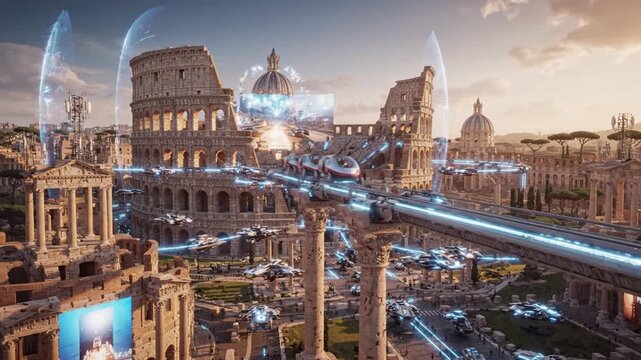 Futuristic Rome with Colosseum and High-Tech Transportation