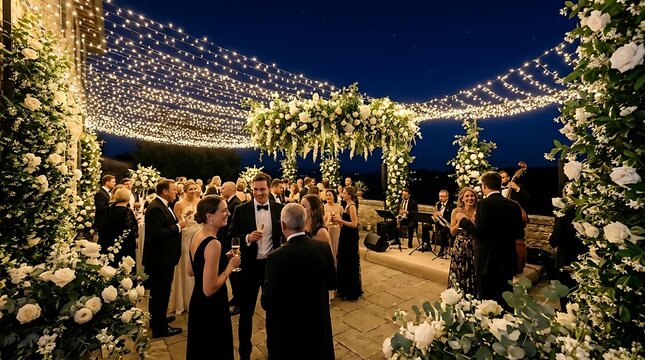Elegant outdoor wedding ceremony under string lights and floral arch