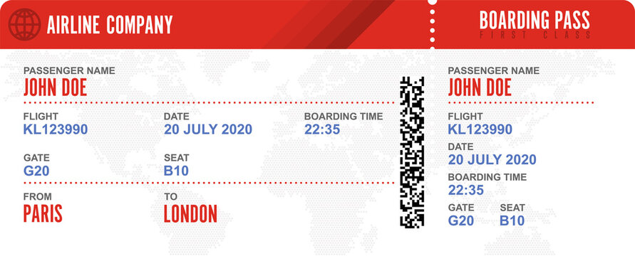 Boarding pass for john doe on flight kl123990 from paris to london on july 20, 2020, with boarding time 2235, gate g20, and seat b10 isolated on transparent background