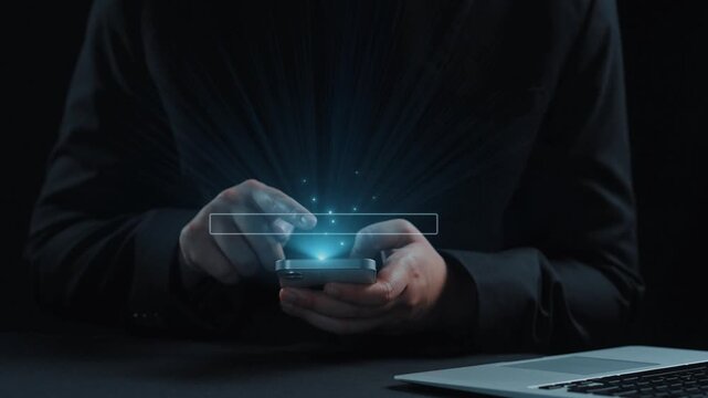 A man uses a smartphone to perform a software update, with a visible progress bar and technological icons floating above, illustrating a modern digital experience. Qubit
