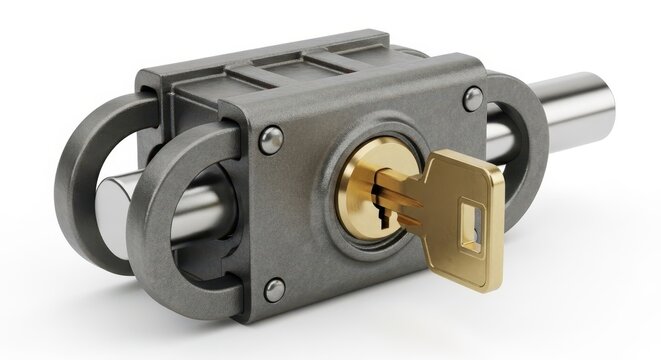 Industrial padlock secured on metal mechanism.