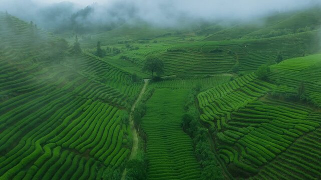 Aerial View of Lush Terraced Tea Plantation in Mist