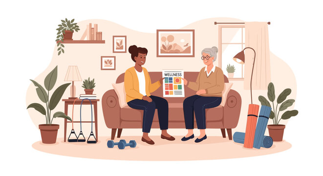 Two women discussing health and wellness options together.