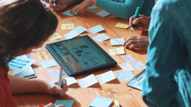 Top view of manager writing idea on sticky notes and explain idea about web design. Professional marketing team or programmer brainstorming idea while looking at tablet with color palette. Symposium.
