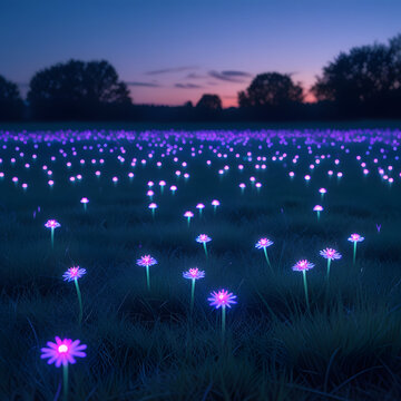 Glowing neon flowers in a twilight field creating an ethereal landscape